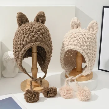 Сладки заячьи уши, есенно-зимна топла защита на ушите, шапка с ръкав за отслабване, вязаная шапка в корейски стил