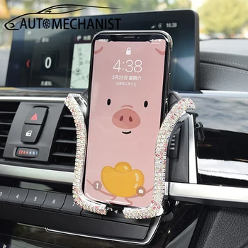 Кола за телефон с кристали, определяне на отдушник в колата, автоматичен държач за смартфон iPhone, Samsung, Huawei, авто държач за аксесоари