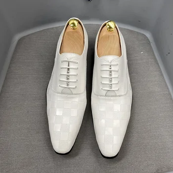 Голям размер на 13 47, Класически италиански мъжки oxfords от естествена кожа, бели обувки дантела с остри пръсти за сватбени партита, вечерни обувки за мъже