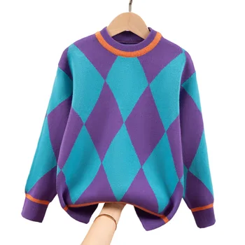 Топли памучни пуловери за момичета Есен-зима 2022, модни детски изолирана пуловери в доп клетка, дрехи за момчета 4-15 години