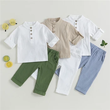 Летни дрехи за малки момчета Обикновена копчета и Ризи с къс ръкав и дълги панталони с еластичен ластик на талията Комплекти дрехи от 2 теми