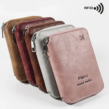 Многофункционална RFID-анти-кражба четка, кожен калъф за паспорт, пътен мъжки и женски портфейл за кредитни карти, държач за карти с цип