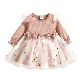 Бебешка рокля с цветен мрежа за момичета, пролетта Розова рокля с лък в рубчик за новородено, рокли на принцеси за рожден Ден