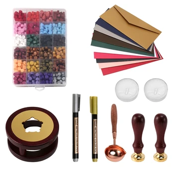 Набор от восъчни печати, съдържащ 24 цветни топчета, за восъчни печати, нагревател за сургуча, лъжица за топене, моливи и ръчно изработени декоративни моливи