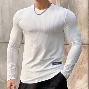 Мъжки однотонная риза райе с дълъг ръкав, през цялата силует, Обтягивающая бързосъхнеща тениска с еластична дъното, универсален обикновен спортен пуловер за бягане