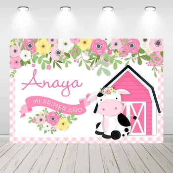 Фон за снимки на рожден ден на розовата ферма, цветни фонове за хамбара за деца, банер с изображение на крава в душата на детето, плакат с изображение на крава
