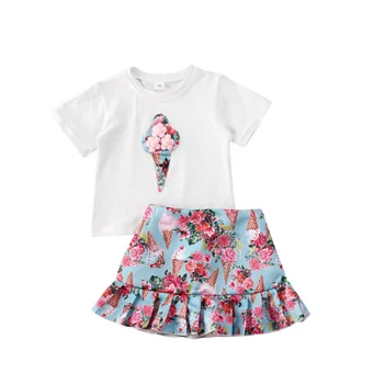 От 1 до 5 години Летните Комплекти дрехи за бебета и малки момичета, Тениски с къс ръкав и принтом сладолед, Потник + Пола с цветя