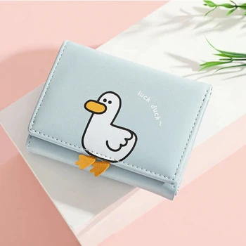 Креативен дизайн на женски чантата си Късмет Duck от изкуствена кожа, държач за банкови карти, кавайные портфейли с къси плисета, скоба за пари, дамски портфейли