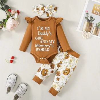 0-18 м Комплект дрехи за новородени момичета Есента гащеризон с дълги ръкави + панталони, комплект превръзка на главата, модни дрехи за малките момичета, костюм
