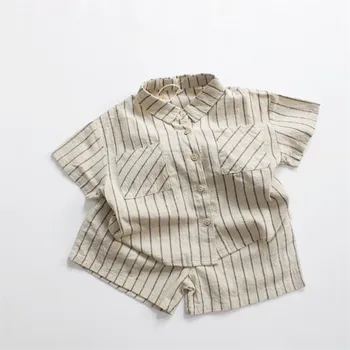 deer jonmi 2023 Летни дрехи в ивица за малките момчета в Корейски стил, памук, спално бельо, ризи, панталони, бебешки ежедневни Свободни комплекти от 2 теми