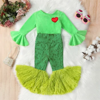 Коледни костюми за малките момичета, блузи с дълги изгорени ръкави във формата на сърце + разкроена панталони, комплект за деца, Детски зелен костюм чудовище