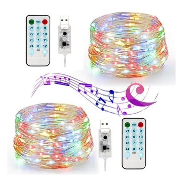 Звукови led музикални струнни лампи с батерии / USB 5 М, 10 М, Сребърна Тел венец Коледна Украса за сватба у дома