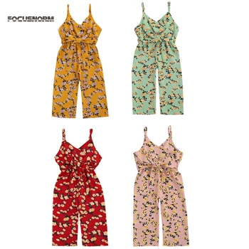 FOCUSNORM/ Детски гащеризон с цветен модел за момичета от 1 до 6 години, панталони, без ръкави, с V-образно деколте и колан, ританки, 4 цвята