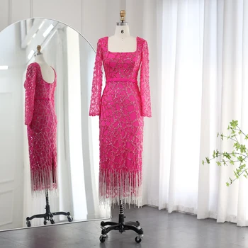 Sharon Said Луксозни Дубайские Ярко-розови вечерни рокли с пискюли за жени, Елегантна булчинска рокля цвят фуксия с дълги ръкави в арабски стил SS347