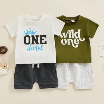 Комплект Летни дрехи от 2 теми за новородени момчета на 1 рожден ден, ежедневни тениски с писмото принтом, къси панталони, дрехи за деца