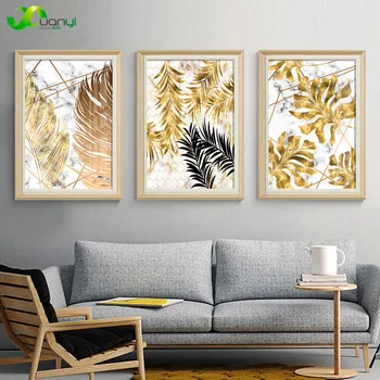 Златни листа на растенията, платно, скандинавски съвременна живопис, стенни рисунки, щампи на природата и плакат за декориране на всекидневна, спалня.
