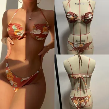 2 бр., секси комплекти, бикини с цветен модел на шията, на женски бански костюм 2023, бански костюми за дами 2023 