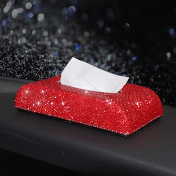 Автомобилна кутия за салфетки с бриллиантовым декорация Модни кутия за хартиени салфетки Червен калъф за салфетки