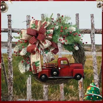 Коледни Висящи украшения с лък, горски Плодове Клони от бор, Червен камион, Кръгъл Венец, изкуствена пластмаса, 40 см., за къща