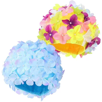 2 бр. Дамски шапки за плуване с цветен печат, гъвкави шапки за плуване с цветни венчелистчета, шапки за къпане