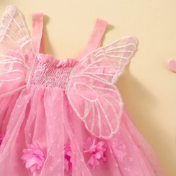 Рокля на принцеса за момиченца без ръкави, вечерна рокля с 3D цветя, Детски костюм на фея с крила
