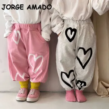 Корейски стил, нови есенни панталони за малки момичета и момчета, Сиво-розови панталони с еластичен колан във формата на сърце, детски ежедневни облекла E23006