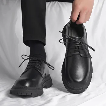 Нова висококачествени мъжки обувки от естествена кожа, мъжки ежедневни бизнес обувки-oxfords, модерен дизайнерски черни обувки на равна подметка, мъжки обувки