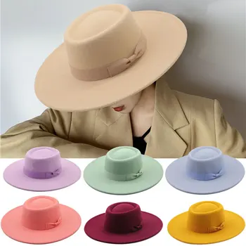 Модни аксесоари с лък, филц шапки за жени и мъже, Есенна Панама, джаз шапка, Елегантна фетровая шапка в британския стил в стил ретро с широка периферия