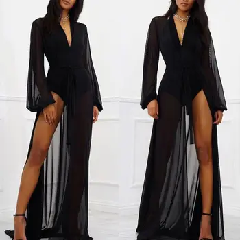 Вечерни рокли 2022, женски дълга жилетка с дълбоко V-образно деколте, защита от слънцето, дължина до пода, Секси Мрежест жилетка с ръкави-фенерче за улицата