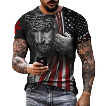Гореща разпродажба, мъжки тениски с 3D-принтом в ретро стил, американски флаг, фигура на Исус, ежедневни летни дрехи от полиестер с кръгло деколте и къси ръкави