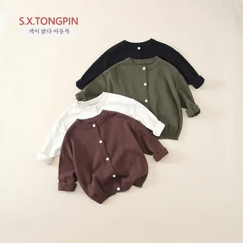 Пуловер, палто, монофонични Корейски стил 2023, Нова есенна детски дрехи, блузи за момчета, вязаный жилетка, однобортный универсален ден за ден