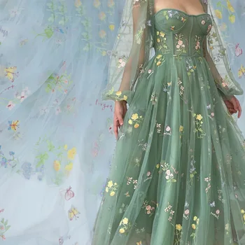 5 ярда * 150 см градински чай зелен пролетен цвете бродирани окото тюлевая кърпа за квадратни метра за момичета и женствена рокля с нов дизайн 2022 гореща разпродажба