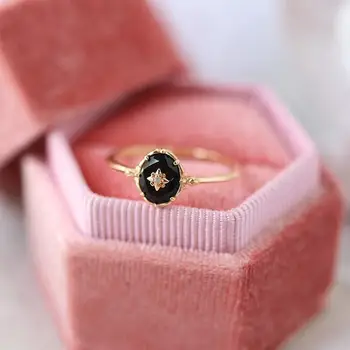 Пръстен с японската вложка от черен ахат, женски поставяне, лесно луксозно отворен пръстен в стил ретро