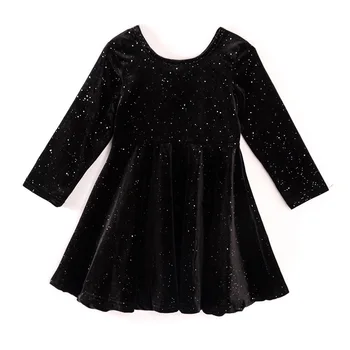 Girlymax Есен-зима, блестящо бархатное рокля с завитушками за малки момичета, парти по случай рождения Ден на принцеса, Черна и детски дрехи дължина до коляното