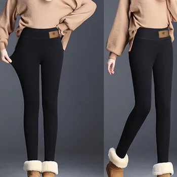 Зимни топли панталон-молив от памучни смеси, женски обикновена гамаши с високо еластична талия, ежедневни панталони, панталони, топли панталони