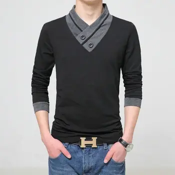 Корейската мъжка тениска голям размер, приталенная, пролет-есен, тениска с V-образно деколте, контрастен цвят, мъжки дрехи, модни ежедневни основни Универсални памучни блузи