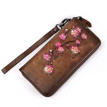 Жена портфейл с цип с релефни, клатч, чанти на китката, скоба за карти, цвете сливи, удобна чанта за пари в ретро стил, женски дълъг портфейл от естествена кожа