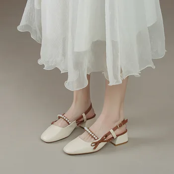 2022 летни обувки mary janes с перлената лента; дамски сандали на средно висок ток с лък отстрани и затворени пръсти; дамски джапанки-гладиатори; сандали