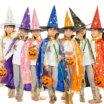 Детски костюми за Хелоуин, Дъждобран волшебницы, Наметало с заострена шапка, подпори за cosplay за момичета и момчета, аксесоари за парти по случай рожден Ден за деца