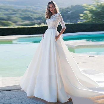 Дантелен топ с къс ръкав, сатен сватбени рокли трапецовидна форма 2020, скромни сатен сватбени рокли за поръчка Онлайн, вечерни рокли Mariee De