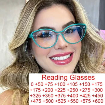 Уникални Прозрачни Зелени Очила Cat Eye В Рамките 2024 Луксозна Марка Blue Light Blocking Eyeglasses TR90 Оптични Очила За Четене