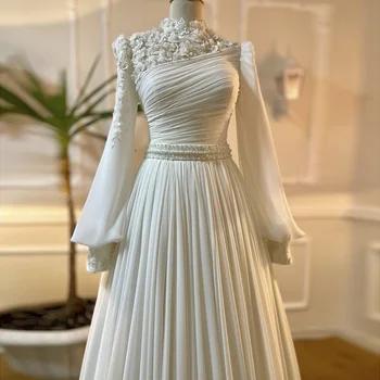 Шарън Каза, че Мюсюлманската вечерна рокля с бели 3D цветя за жени, луксозни сватбени арабски рокли за младоженци в Дубай с дълъг ръкав SS436
