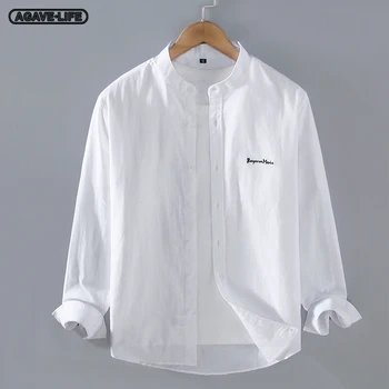 Ризи с дълъг ръкав и яка-часова китайски стил, мъжки памучен модерен бизнес риза с бродерия, мъжки ежедневни удобни тънки палта