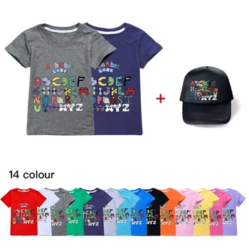 Детски летни тениски с азбука + шапки, модна тениска с къси ръкави за момичета, удобна детска ежедневни риза с анимационни герои