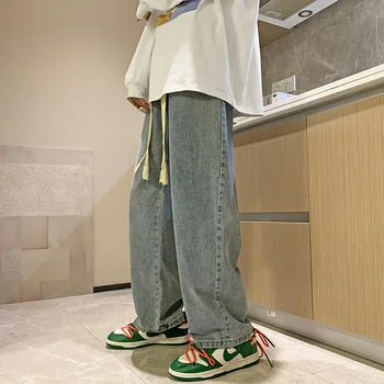 Тъкани дънки с еластична лента на съвсем малък за мъже на японската модна марка с права тръба свободно намаляване на bf high street trend широки панталони