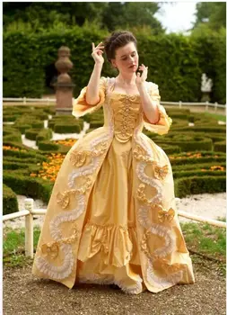 Френското Колониално рокля в стил Рококо от 18-ти век, Средновековна Жълта Рокля на Мария-Антоанета, Винтажное Бална Рокля в стил Рококо, Костюм от Епохата на Възраждането