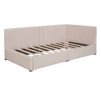 Бежов диван-легло Twin Size, мека кушетка с 2 чекмеджета за съхранение, рамка, Без пружини, бельо плат