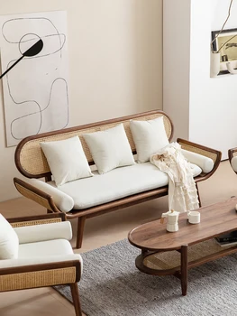 Диван от ратан черен орех, модерен скандинавски прост диван от масивно дърво, одноместное двама на седалка, плат за мебели памук и лен