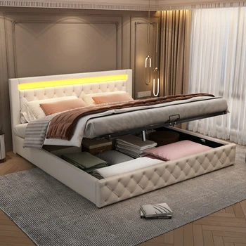 Меко легло 180 x 200 cm, функционално легло с решетъчен рамка и място за съхранение, легло с led осветление с функция за съхранение, ПУ