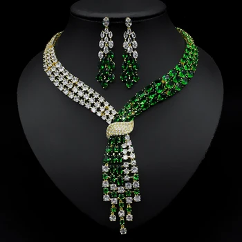 Луксозен trend Зелен кубичен цирконий, голям комплект бижута, модни обеци, огърлица, комплект за жени брилянтен арабски сватбена рокля